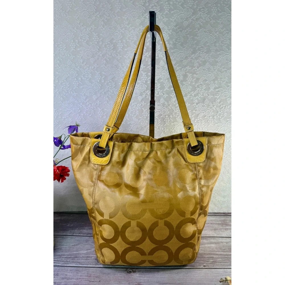 Coach Op Art Maggie Shoulder Bag Mustard‎ Yellow Jacquard Patent Leather 14264